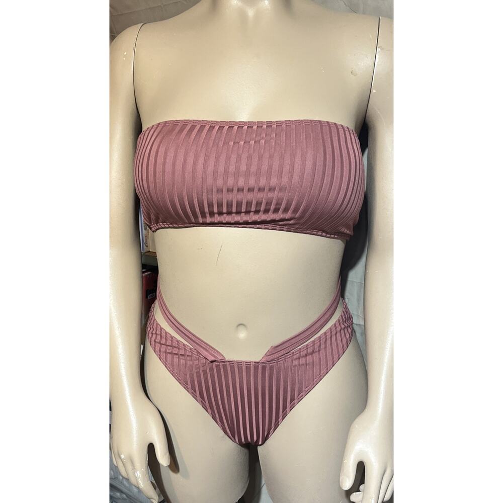 Women's Strapless Bandeau ,High Cut Bottom Bikini ,Textured Brick Red ,Size XL